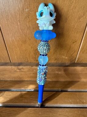 Handcrafted Blue Beaded Novelty Pen with Light Fury Top